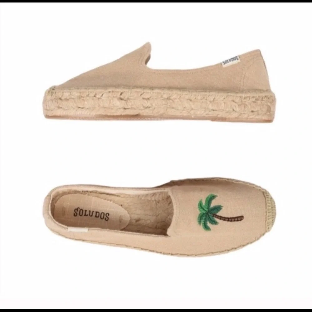 Soludos Beige Espadrille Slip-Ons with Green Palm Tree Embroidery